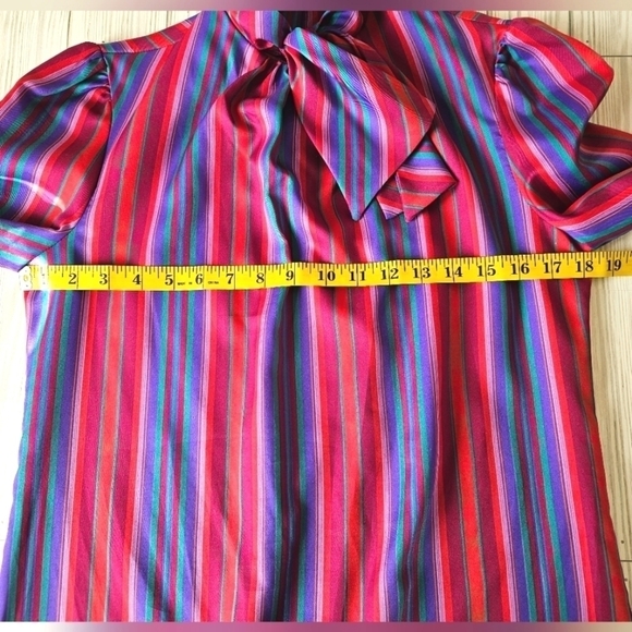 Vintage Melissa Pussybow Necktie Midi Dress in Red and Purple Satin Stripe Sz 6 - Picture 9 of 11